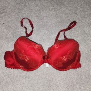 Pleasure State Satin Red & Gold Lace Padded Pushup Bra, 36C
